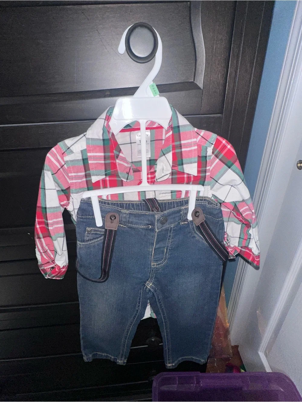 Carter's Red & Green Plaid Button-Up with Denim Pants and Suspenders, Christmas